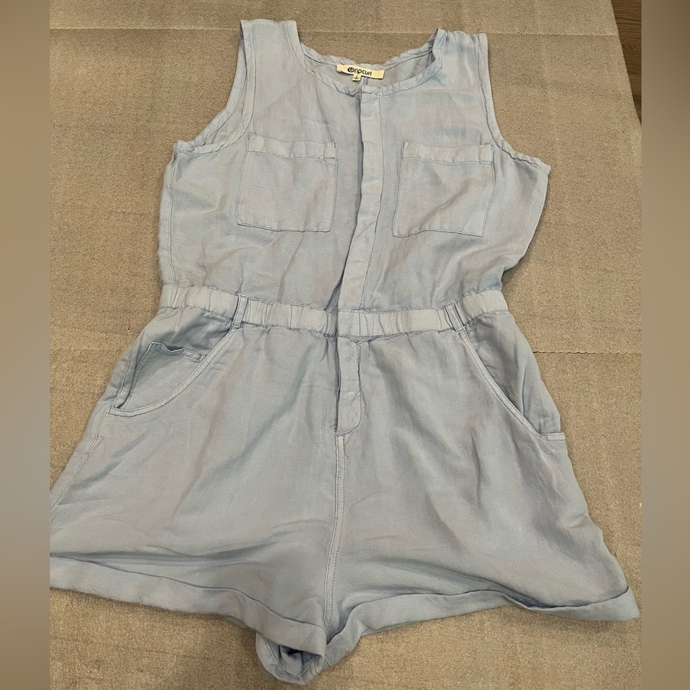 [L]Rip Curl Panoma Linen Blend Romper Light Blue Sleeveless Button rolled Hem - Picture 3 of 11